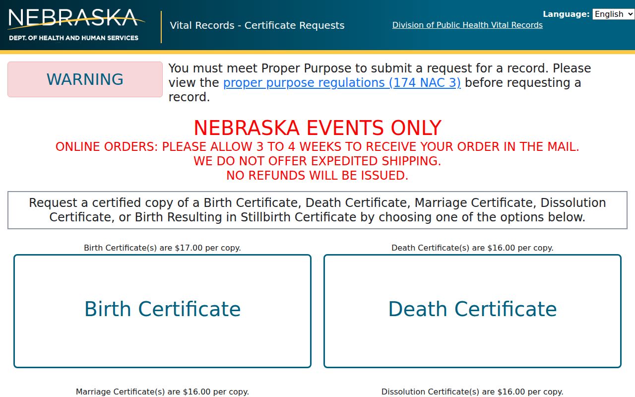 Norfolk resident lookup Nebraska DHHS certificate order choices